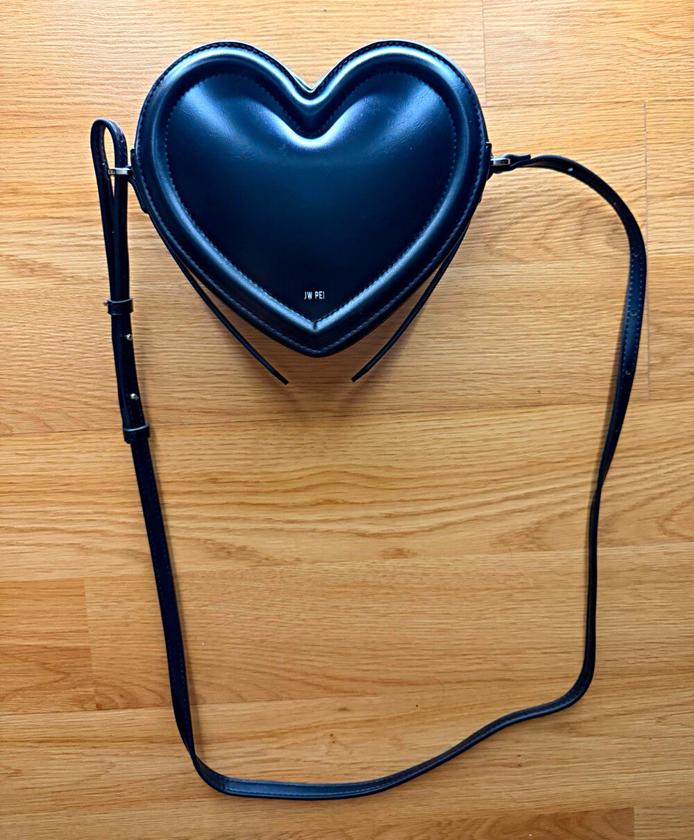 JW PEI Black Heart-Shaped Small Crossbody Bag Zip Closure Adjustable Strap